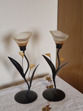 Pair of Floral Metal Candle Holders with Frosted Glass Shades - Orange & Black